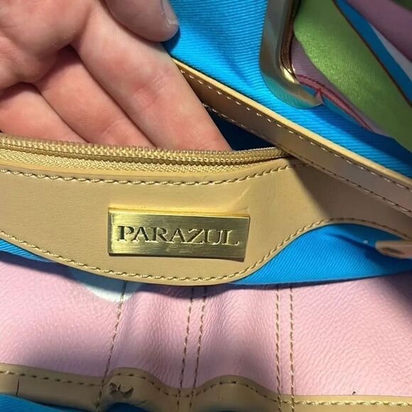 Well loved Parazul  bag, pink, and green with scarf. See flaws in pictures. - Picture 3 of 5